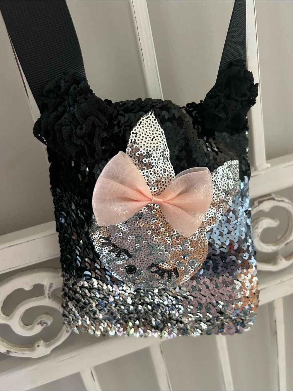 Handmade Sequin Cat Face Crossbody Bag Black Silver Pink Bow